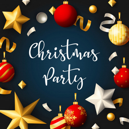 Christmas Party Banner With Balls Ribbons Blue Background 74855 1278