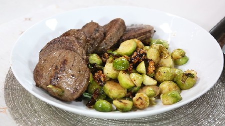 Beef Medallions With Roasted Brussels Sprouts And Soy Glazed Wal