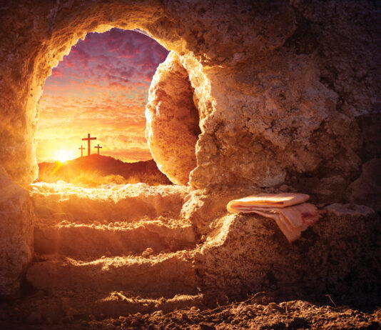 Empty Tomb With Crucifixion At Sunrise Resurrection Concept